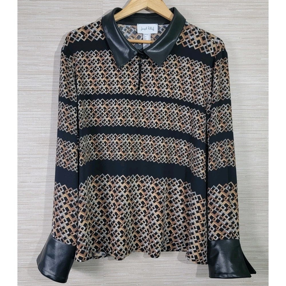 Joseph Ribkoff Womens Top Sz 22 Geometric Print Faux Leather Collar Long Sleeve